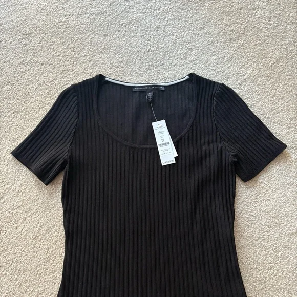 White House Black Market Black Ribbed Short Sleeve Top - Picture 3 of 7